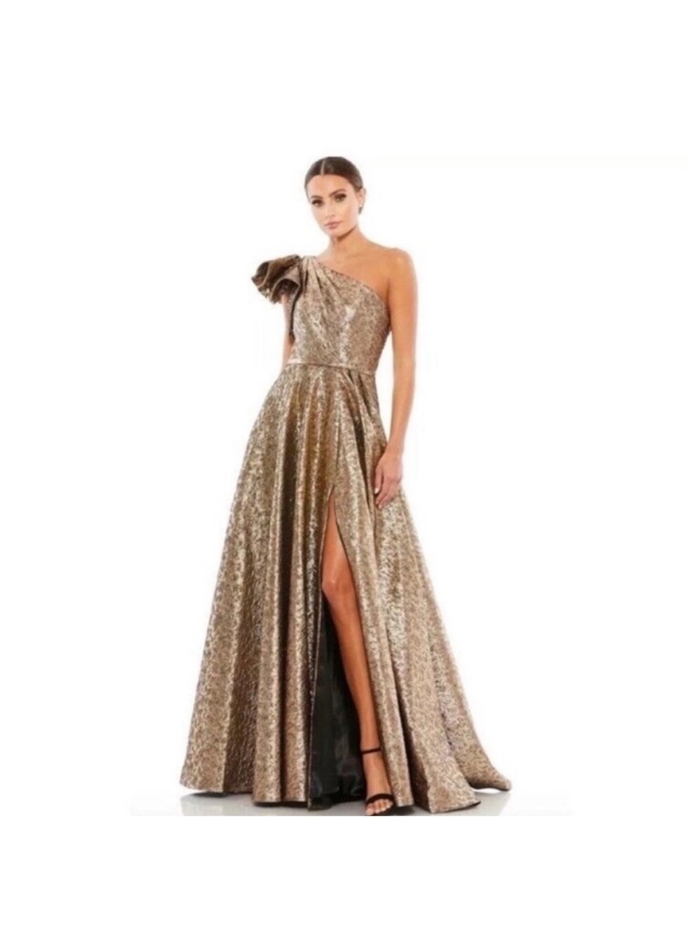 Mac Duggal 67297 One Shoulder Metallic Ball Gown Antique Bronze Size 0